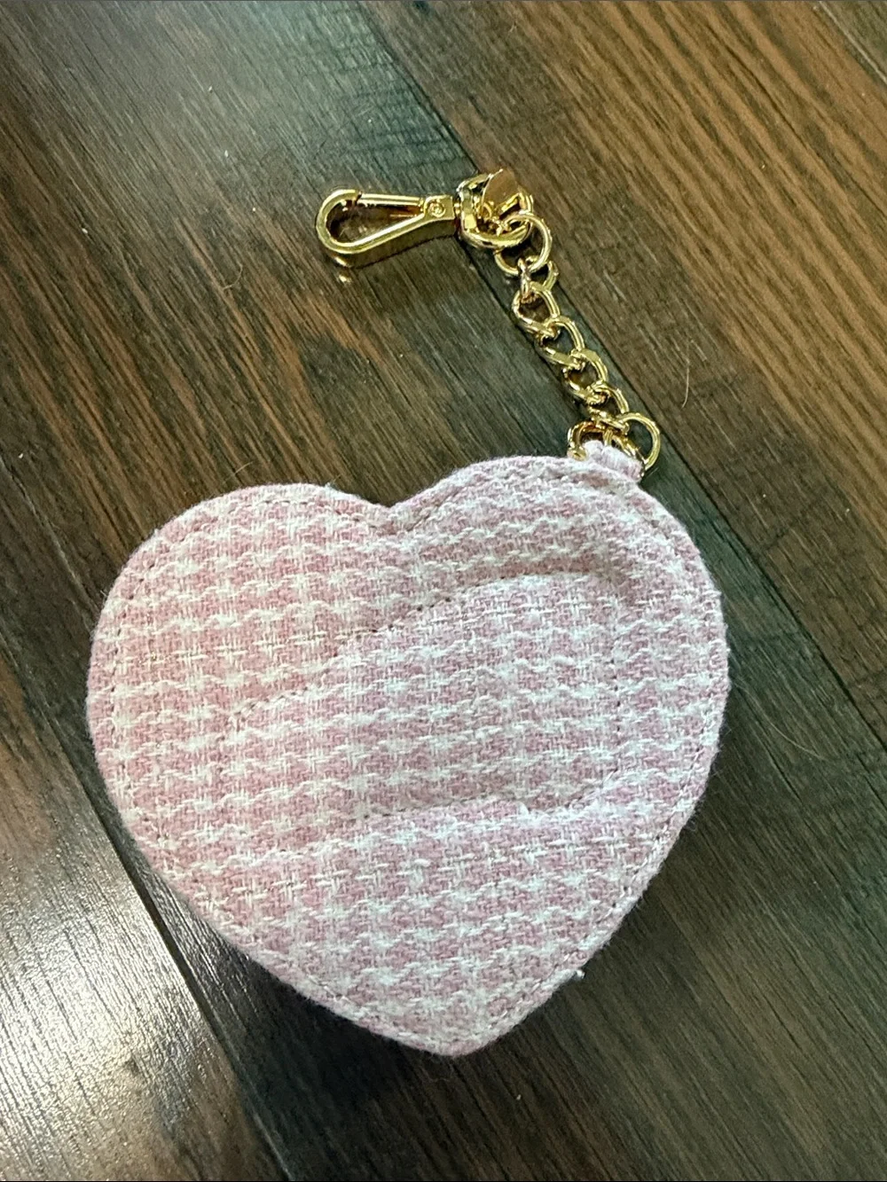 Stoney Clover Lane Heart-Shaped Pink Tweed Keychain with Red Truck Patch
